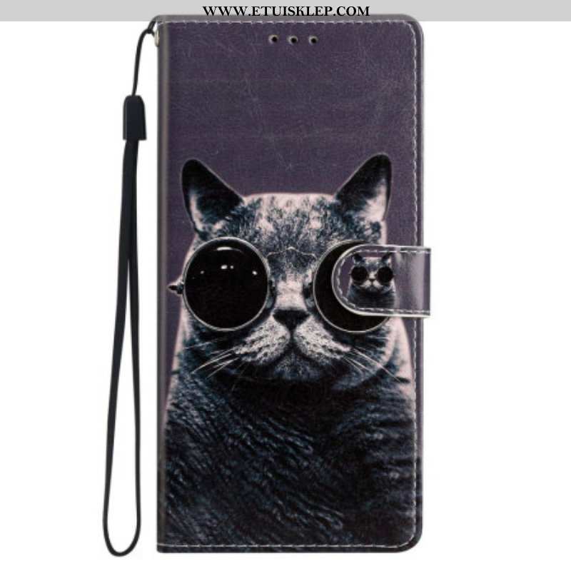 Skórzany Futerał do iPhone 15 Plus z Łańcuch Kot Z Okularami Z Paskiem